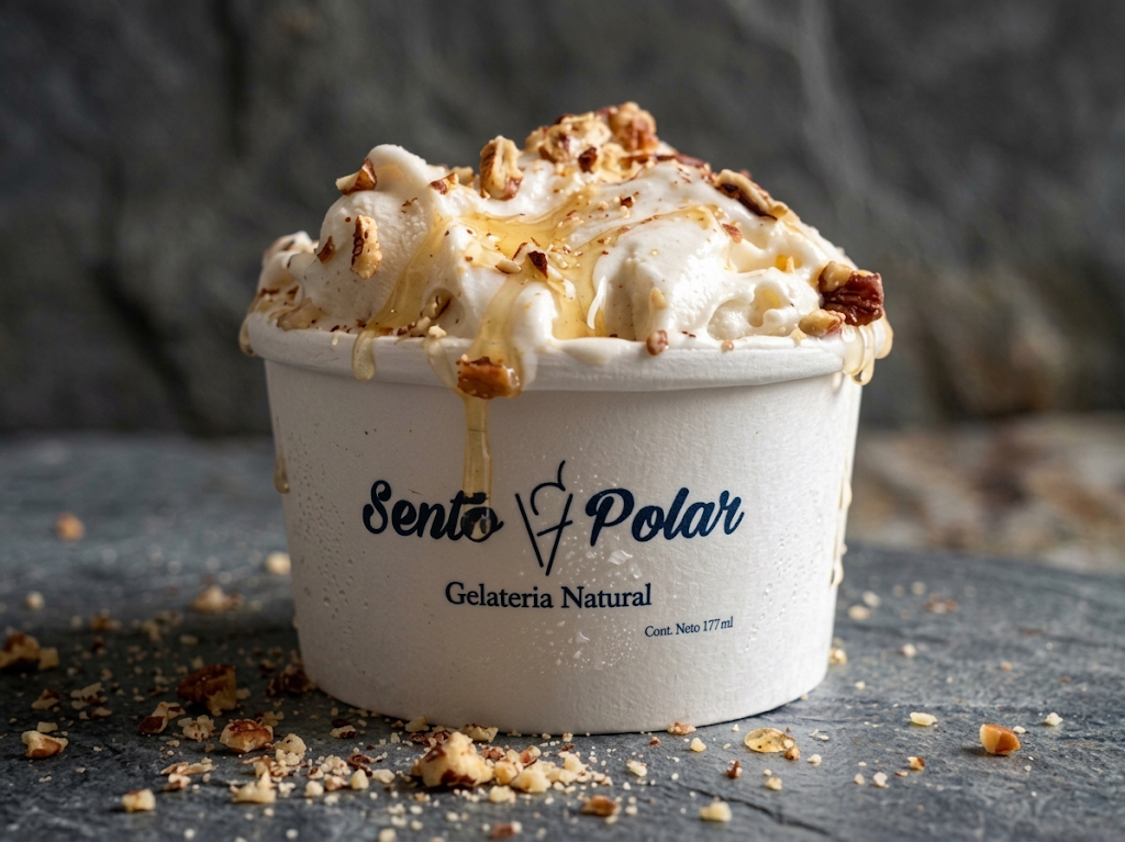 Gelato servido en un vaso membretado de SentoPolar